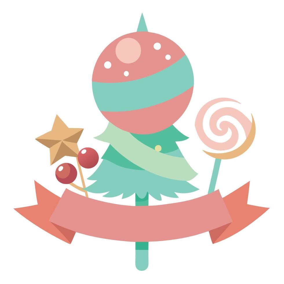 Candy lollipop dessert christmas tree pastel decorative copy space banner with beautiful baubles. vector