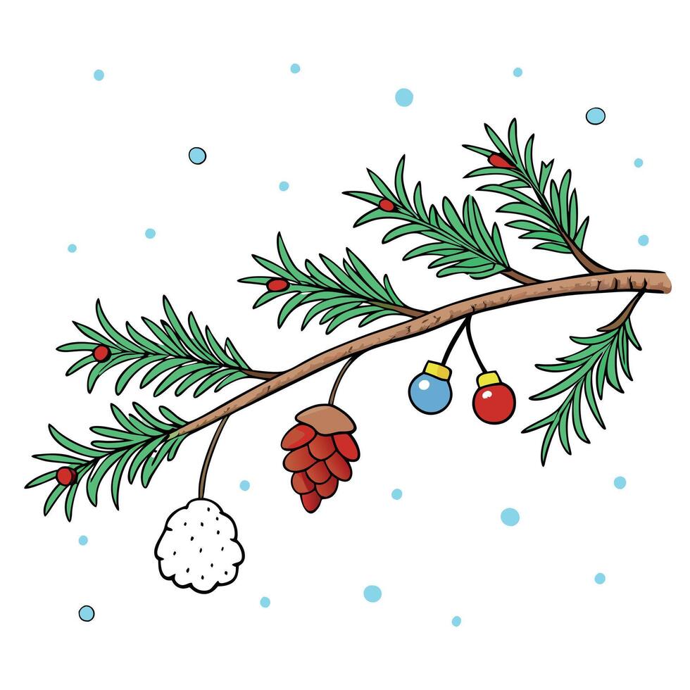 Frosty conifer branch. cones and christmas decorations on snowfall with copy space vector