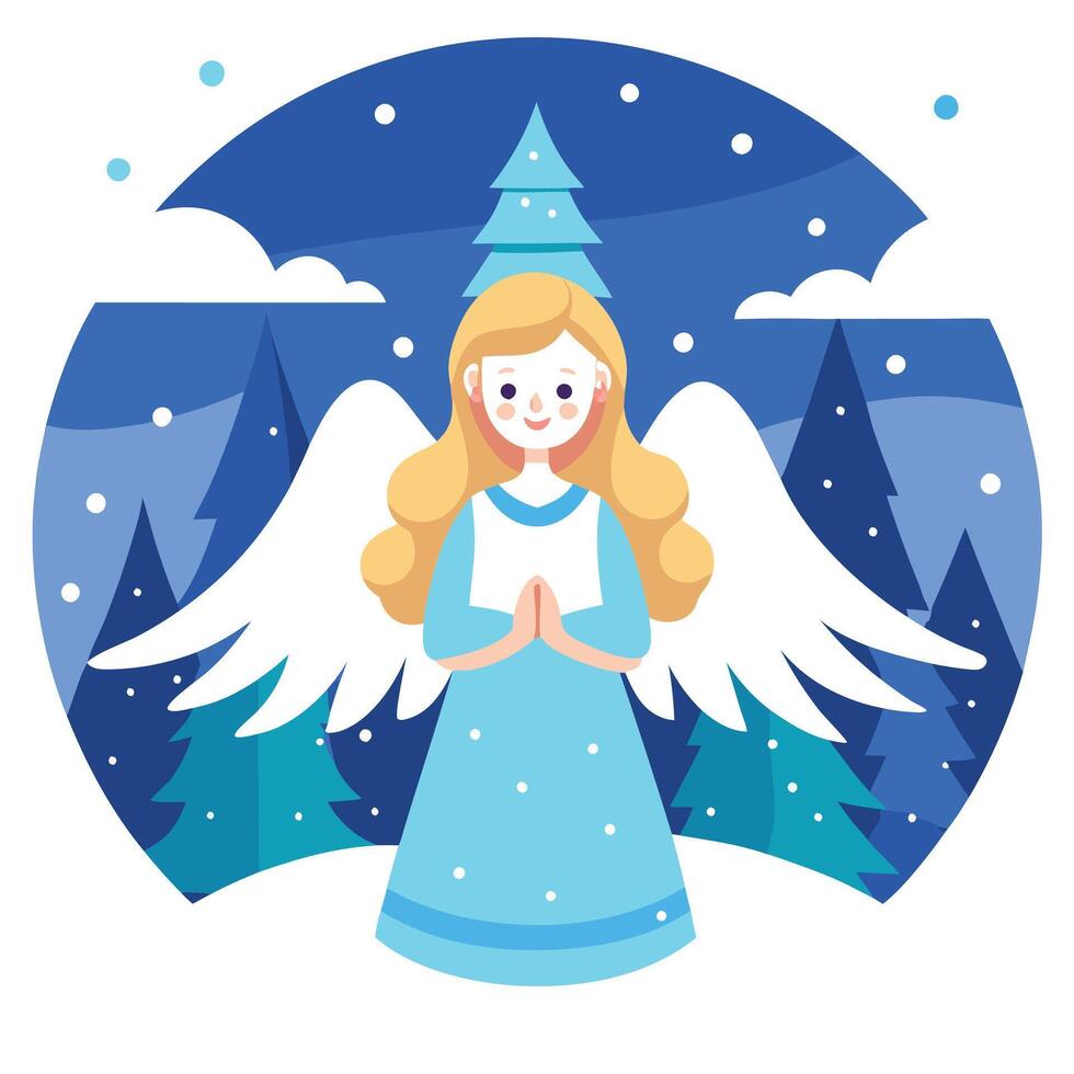 An enchanting scene starring a lovely angel in a snowy winter landscape Christmas card vector