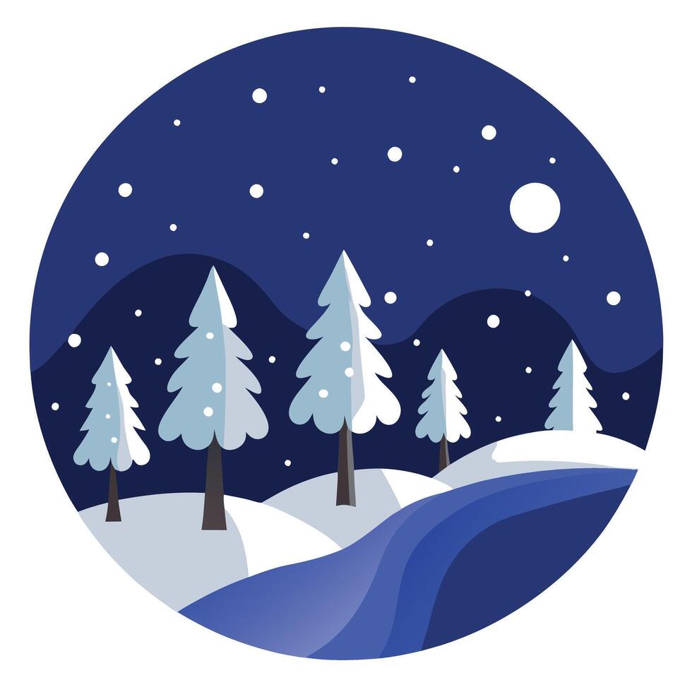 Background with snowy scenes and night sky. snow-covered trees. vector