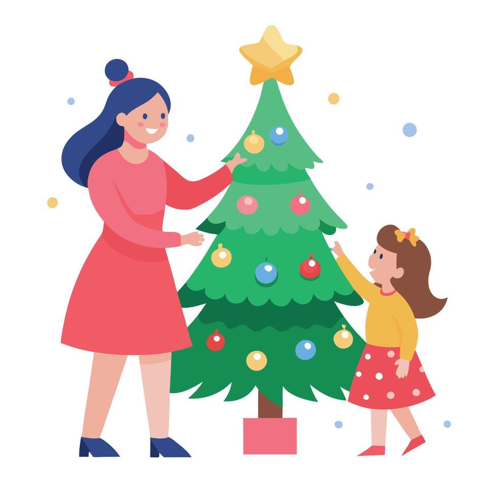 Mum and daughter decorating Christmas tree. family xmas spirit idea vector