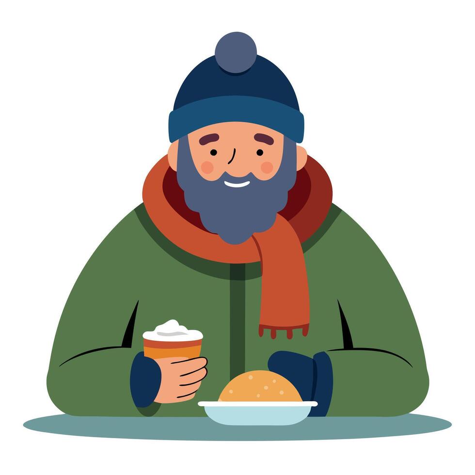A homeless person enjoying a meal in a charity food bank kitchen during the christmas holidays vector