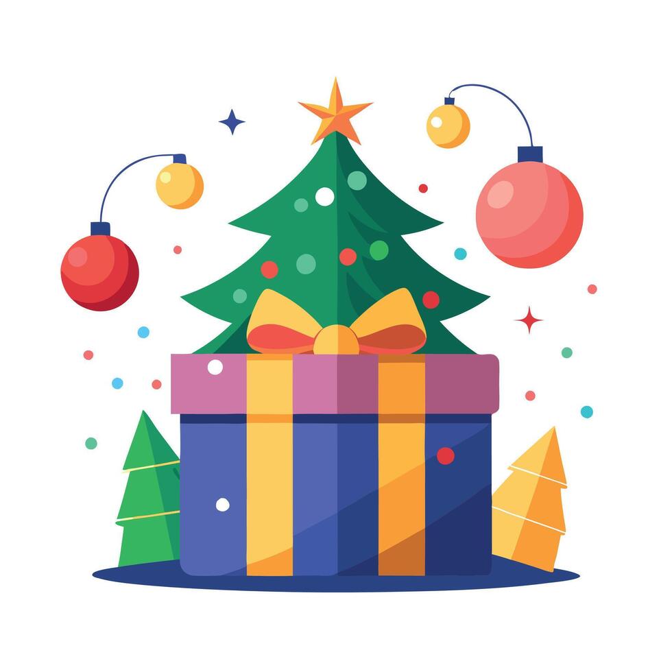 Background of Christmas tree lights and ornaments in a present box vector