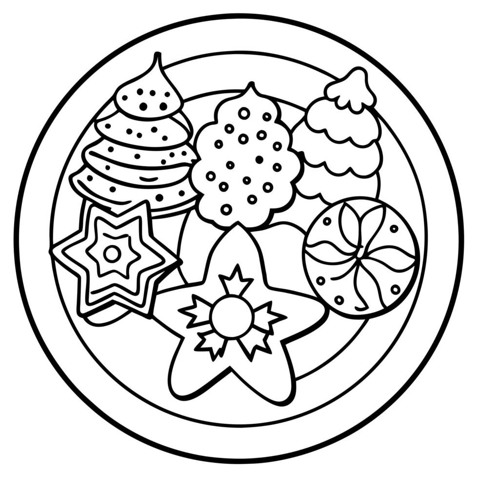 Decorated christmas cookies on plate on brown background. vector