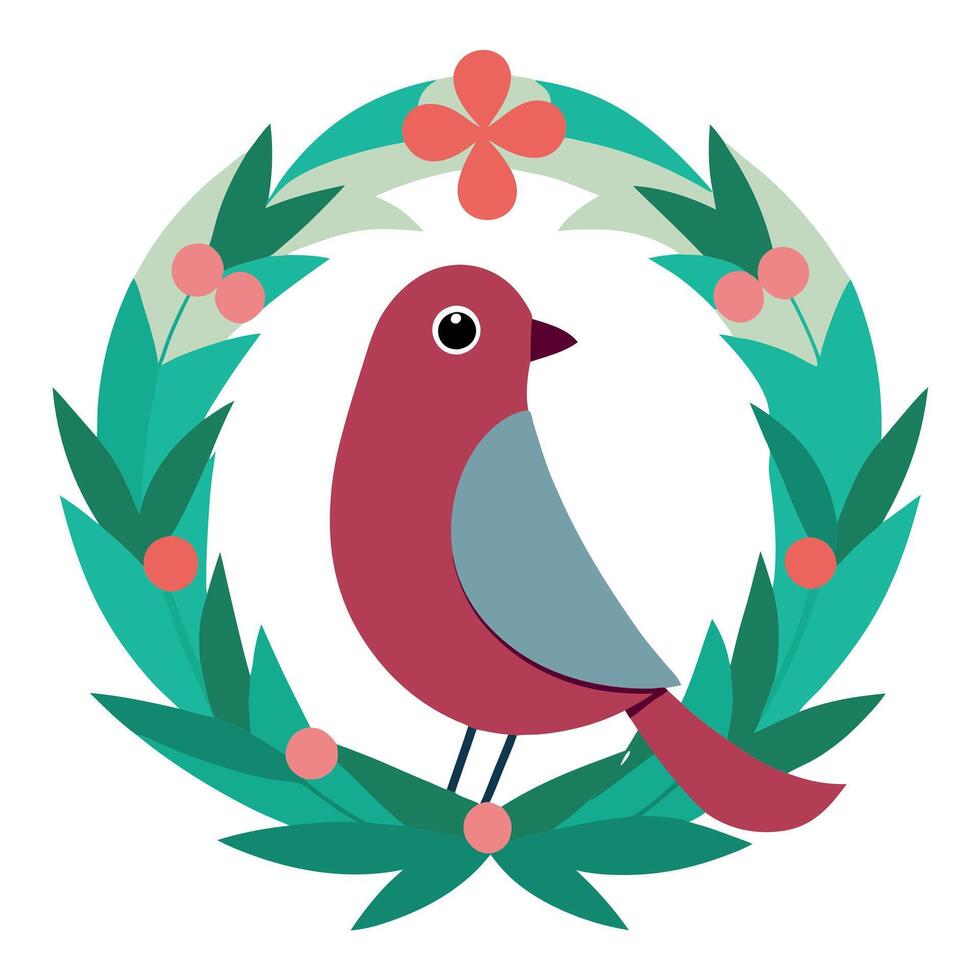 Bird sitting on wreath on white background. christmas or new year concept vector