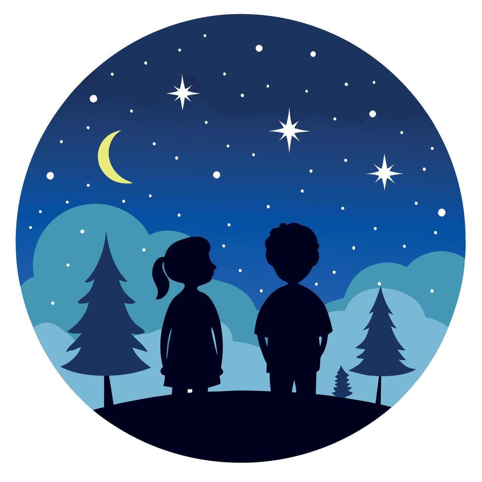 Silhouette of back view children which looking on the christmas beautiful night sky full of stars vector