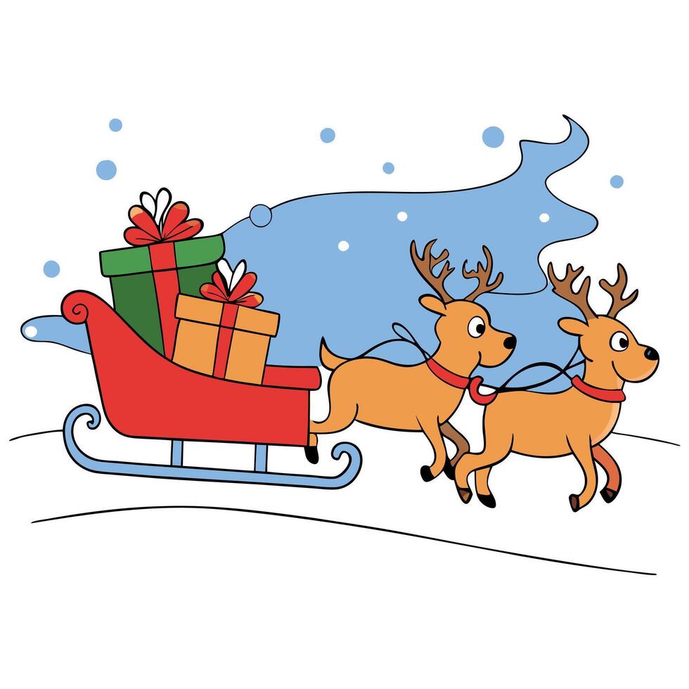 Santas sleigh pulled by reindeers with gift boxes on the winter background vector