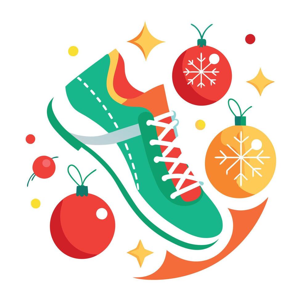 Overhead view of fitness trainer sneakers with christmas decorations. New year resolution concept vector