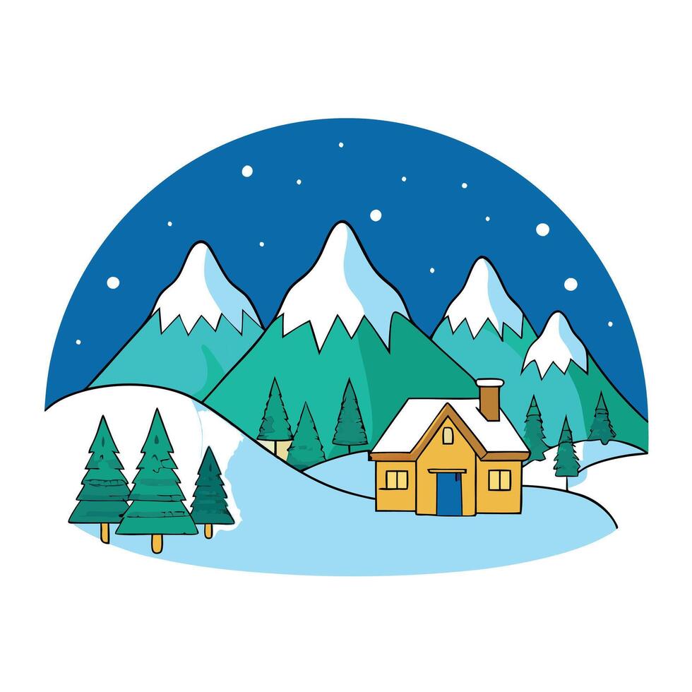 Winter landscape in the mountains with a small village at night in the snow - digital painting vector