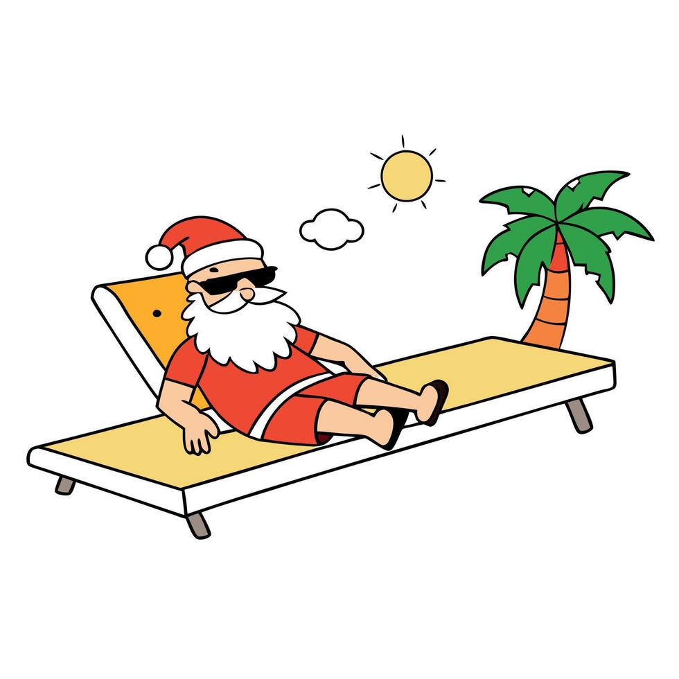 Funny Christmas scene of Santa Claus resting on sunlounger in a paradise beach. vector