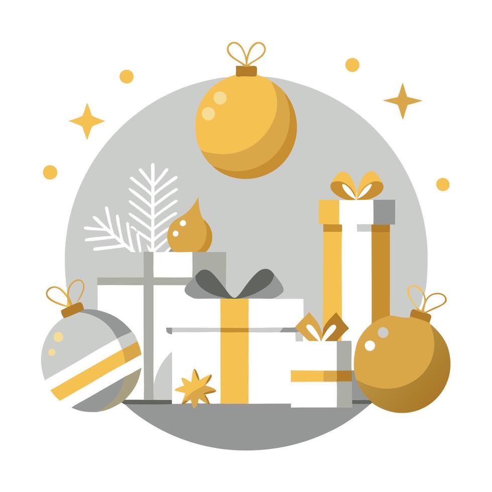 Silver and gold Christmas presents and ornaments flatlay background with empty space vector