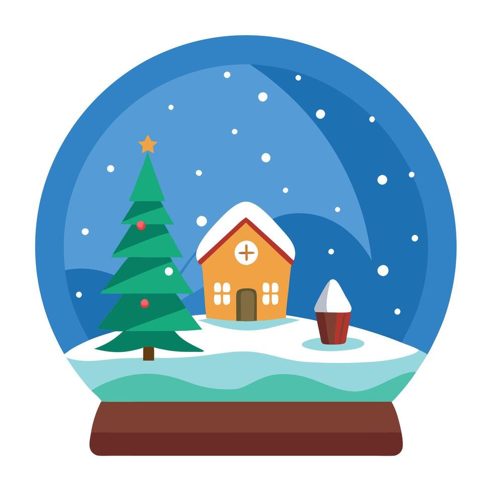 Winter wonderland with little house and christmas tree inside snow globe. snowfall. carnival. vector