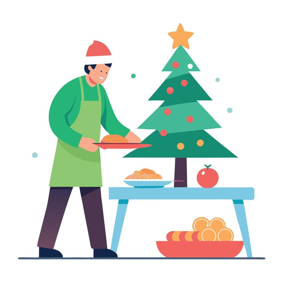 A person preparing food on a table in front of a christmas tree. Imaginary photorealistic image. vector
