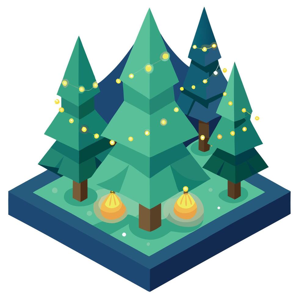 3D art. Magical forest with christmas trees and glowing lights vector