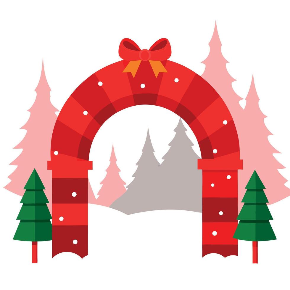 Red christmas arch for New Year's gifts with an empty mine space in the winter frosty forest. vector