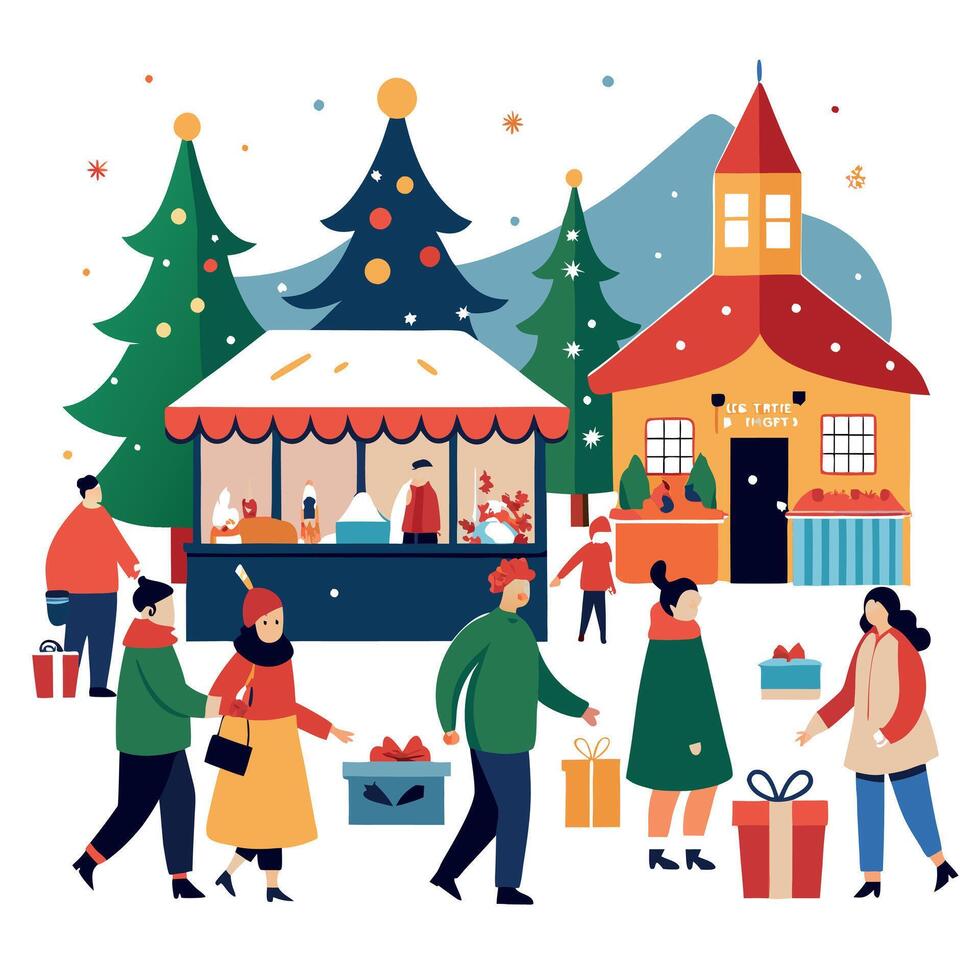 Enjoying Christmas Market. blurred people walking in the street and standing near stalls vector