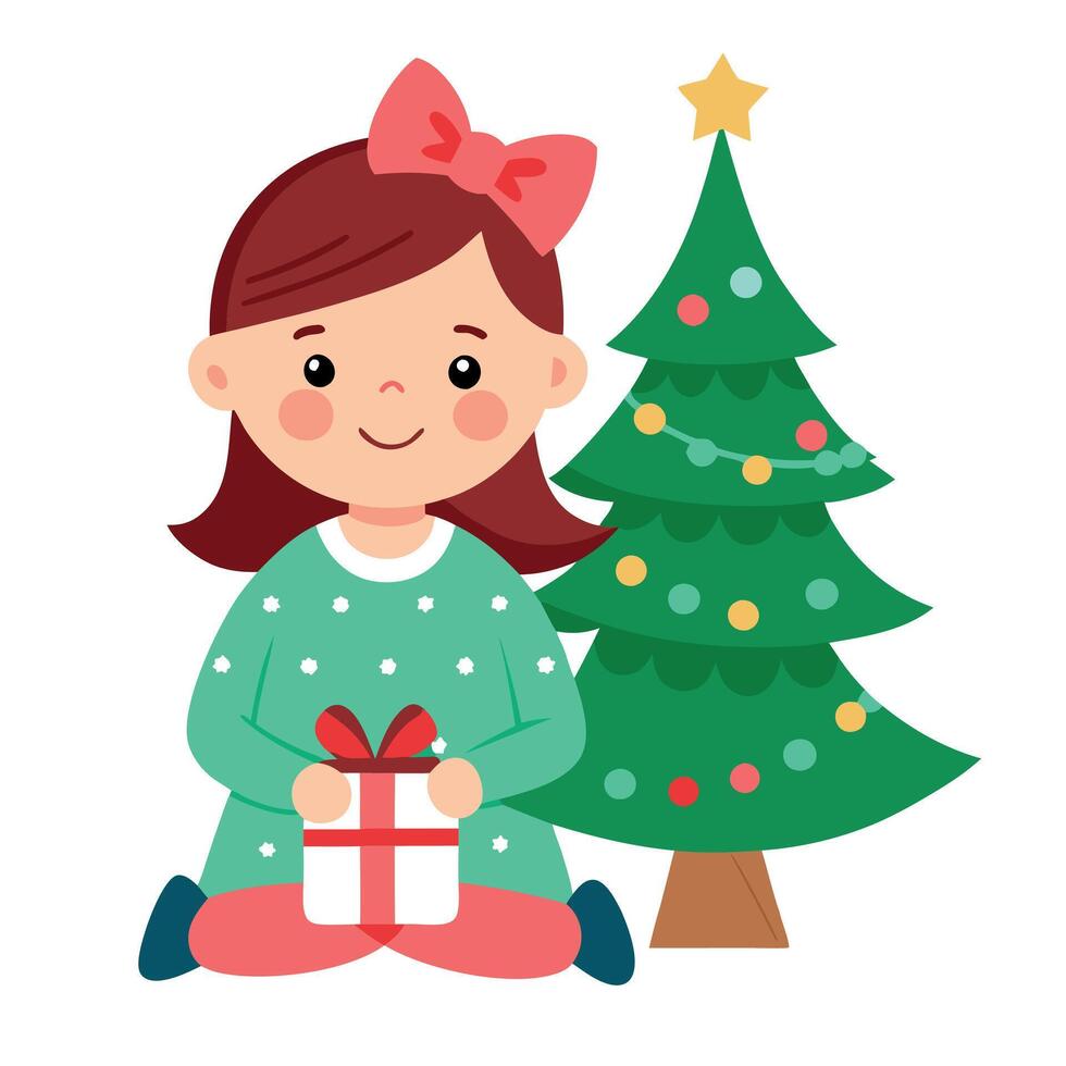 A little girl sitting in front of a christmas tree holding a present vector