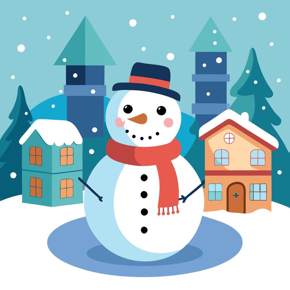 Happy snowman standing in winter christmas town street vector