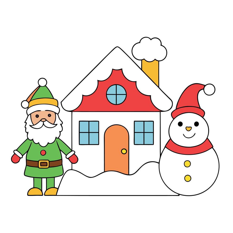 Christmas house. snowman and santa claus coloring page. you can print it on standard A4 paper vector