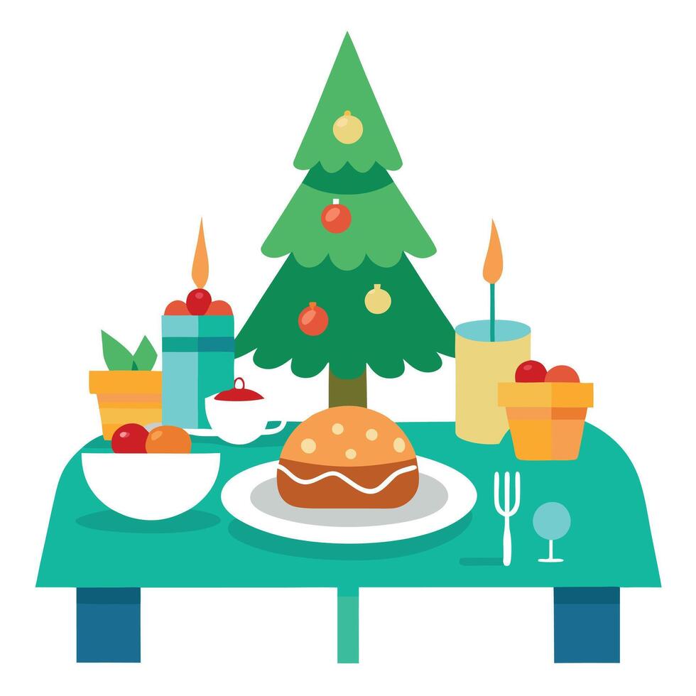 A Christmas dinner table with food on it Background with a Christmas tree vector