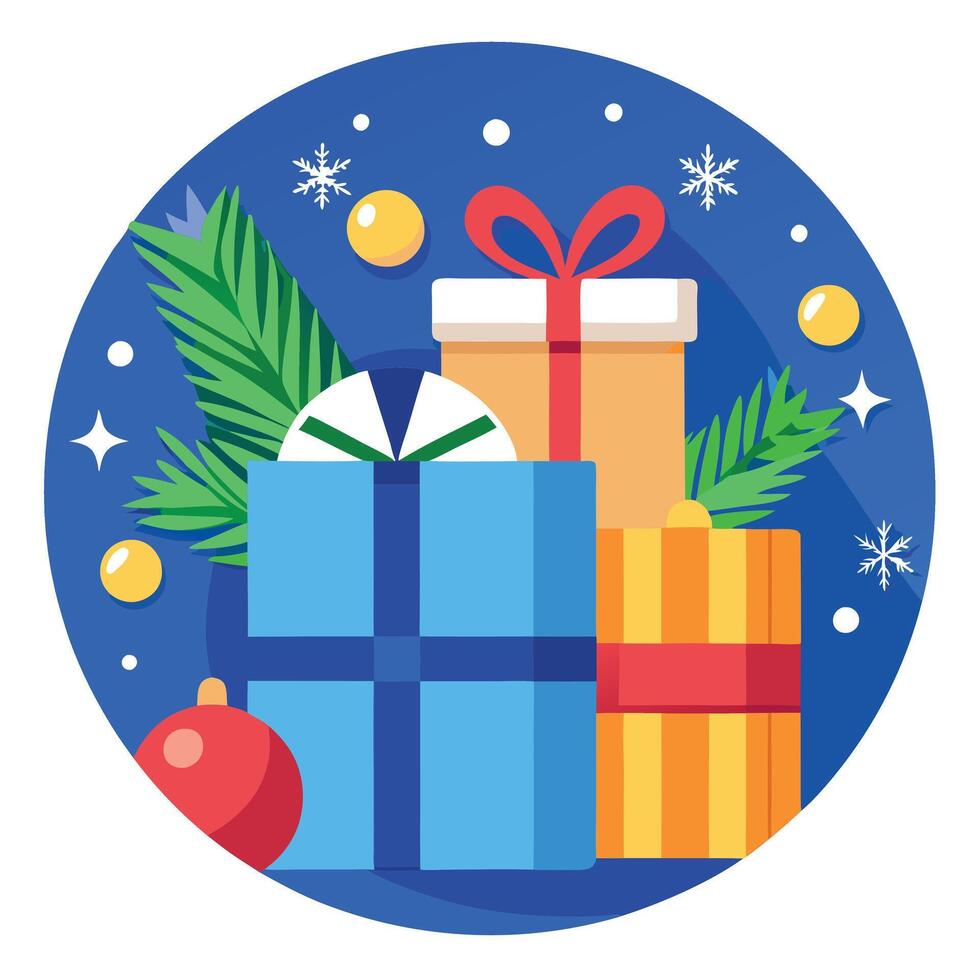 Gift boxes with christmas decorations on a blue background. Top view. Flat lay. vector