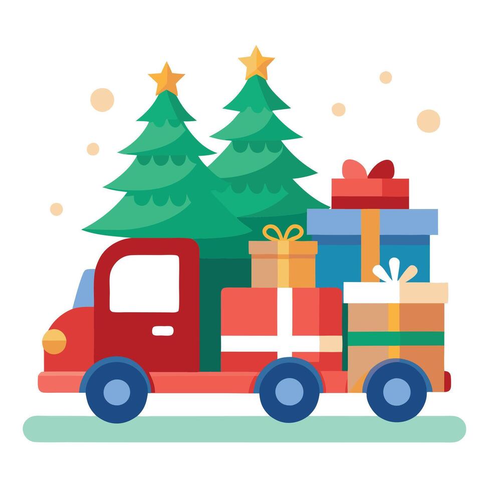 Truck with christmas gifts on the background of the Christmas tree. Christmas sale concept vector