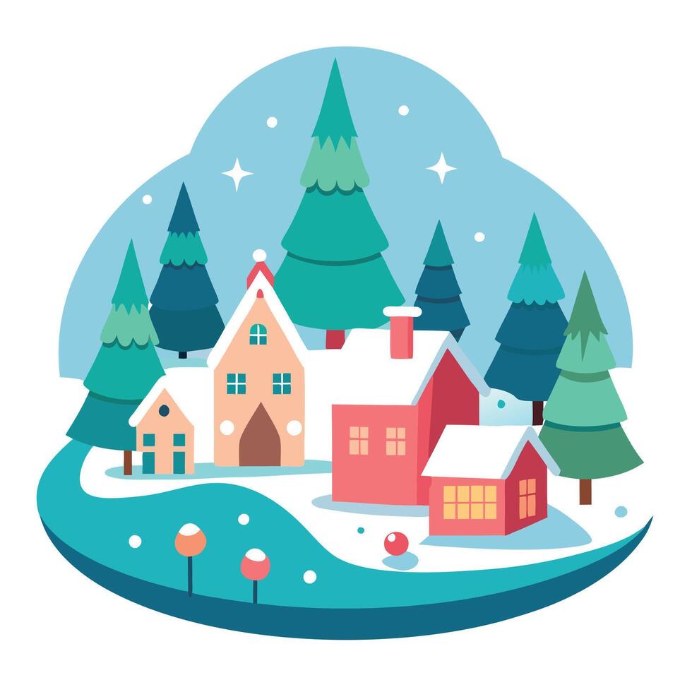 Christmas village with miniature figurines and snowy trees. Christmas winter holidays concept vector