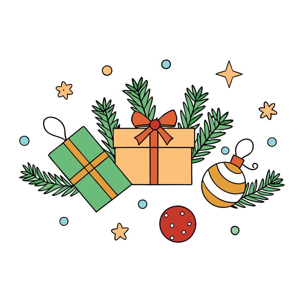 Christmas composition. Christmas gifts. pine branches. toys on white background. Flat lay. top view. vector