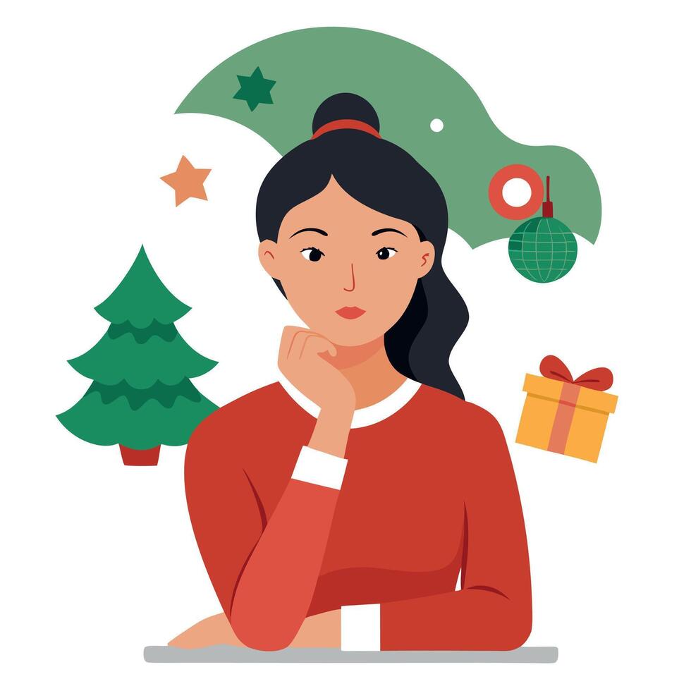 Portrait of a thoughtful woman on Christmas background. that planning the holidays vector