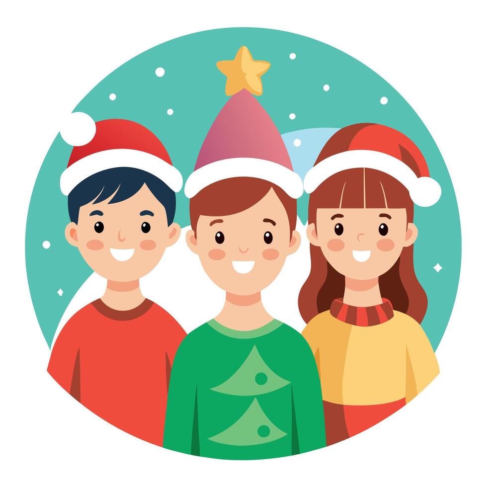 Three young siblings enjoying their Christmas holiday time. Postproducted illustration. vector