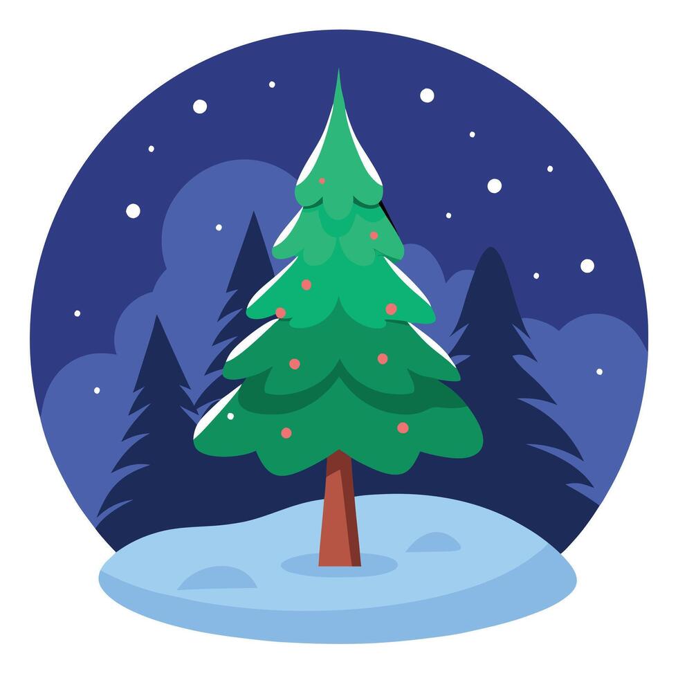 Christmas tree in the forest in winter under the night sky with copy space vector