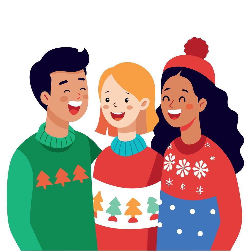 Group of happy friends in christmas sweaters laughing and looking at each other vector