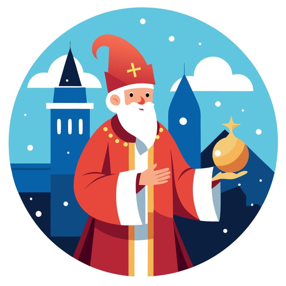 The magician. Saint Nicholas. holds a magic ball in his hands against the backdrop of a snowy city. vector