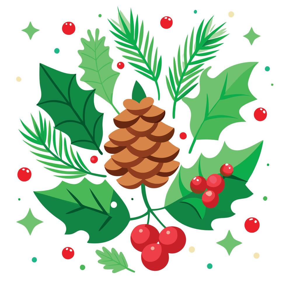 A green christmas background with pine cones and red berries on the branches. vector