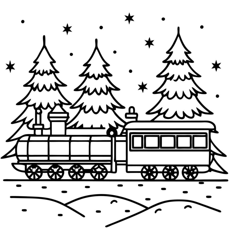 Christmas train on a snowy day with fir trees in the background created with tools vector