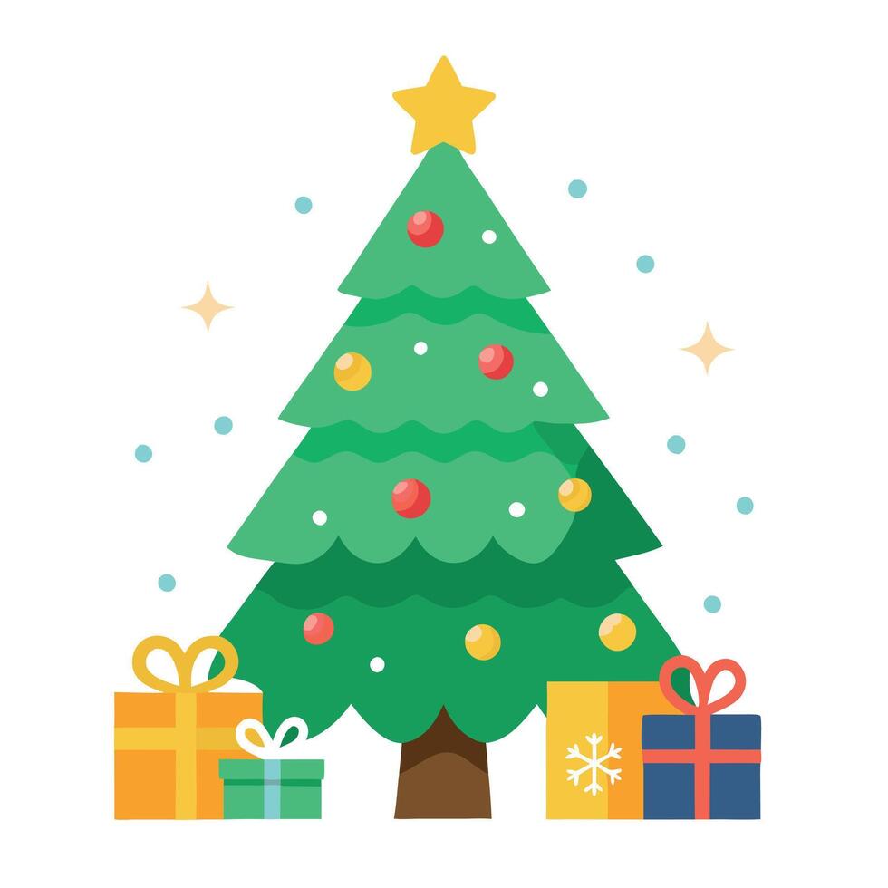 A painting of a christmas tree with presents under it and a star on top of the top of the tree. vector
