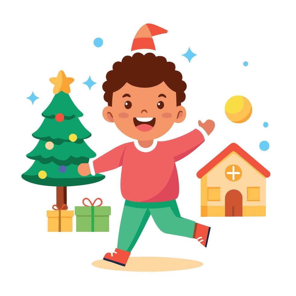 Happy kid playing at home in christmas and new year 2024 holiday comeliness vector