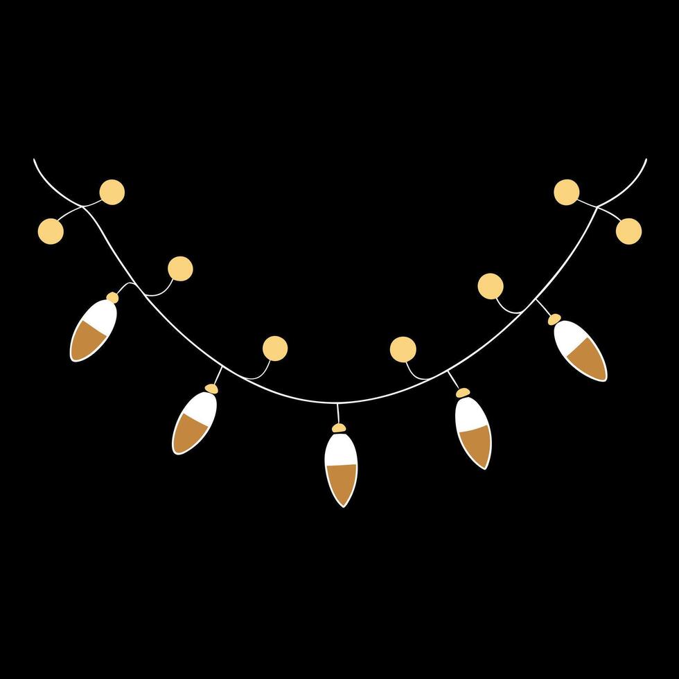 Gold Twinkle Christmas string lights on black background. Defocused Glowing light bulb garland. vector