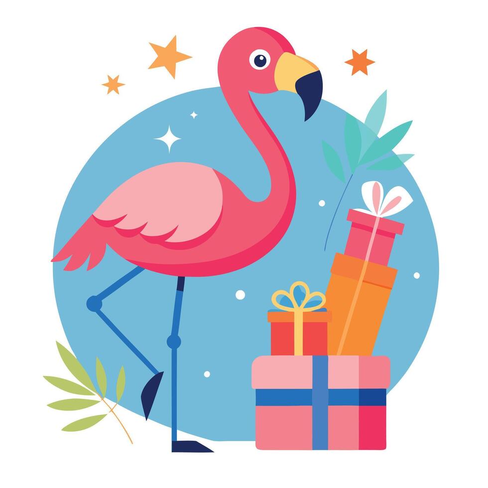 Elegant tropical flamingo with christmas gift boxes on blurred party background vector