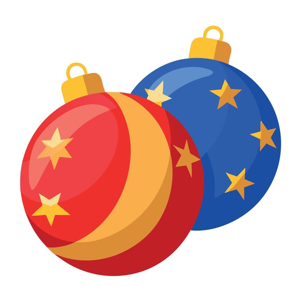 3d render of red and blue christmas balls with golden stars vector