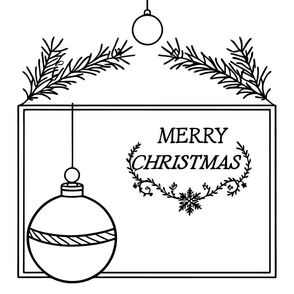 Merry christmas hanging frame on top with christmas ball and christmas tree branches vector