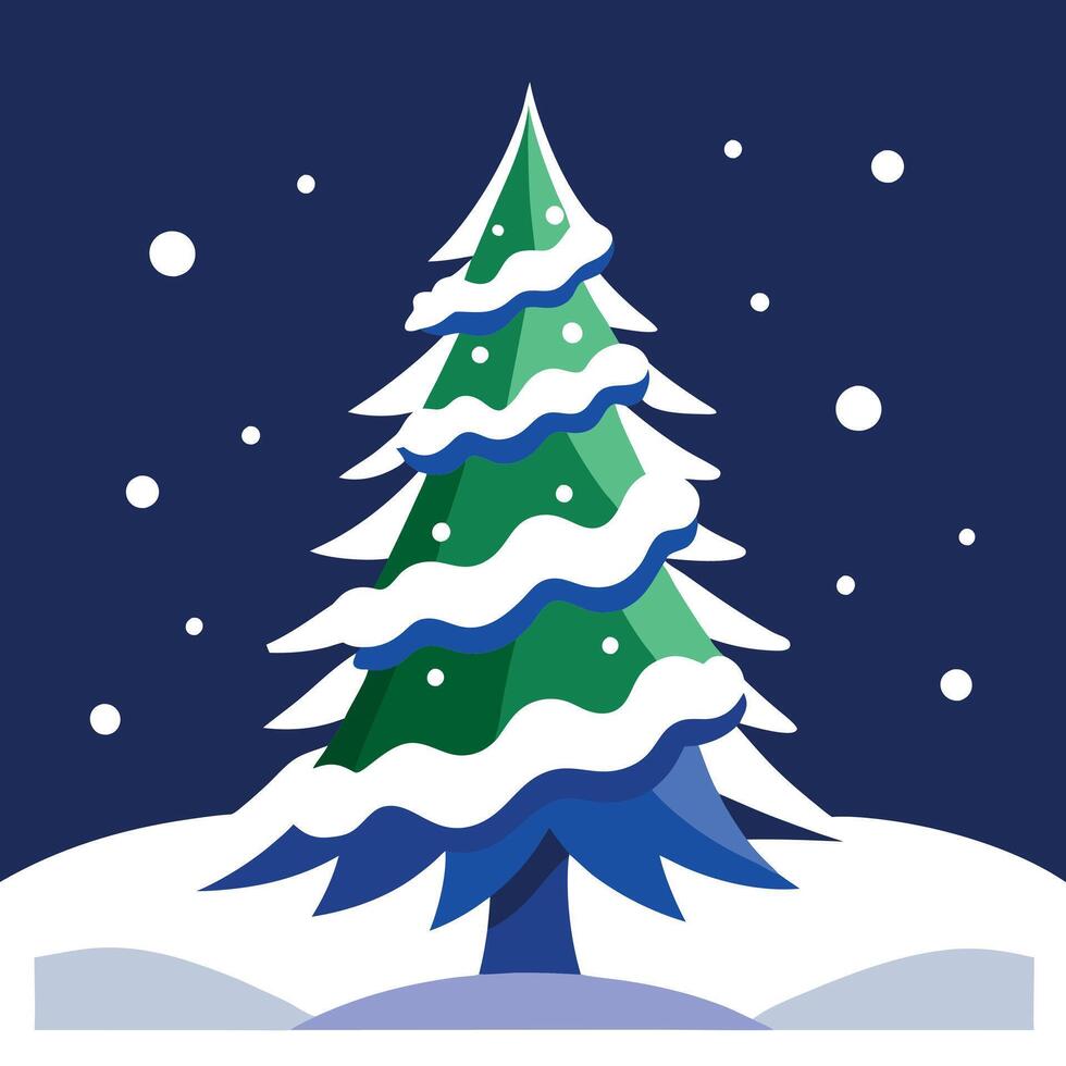 The snow covered Christmas tree contrasts with the dark blue backdrop vector