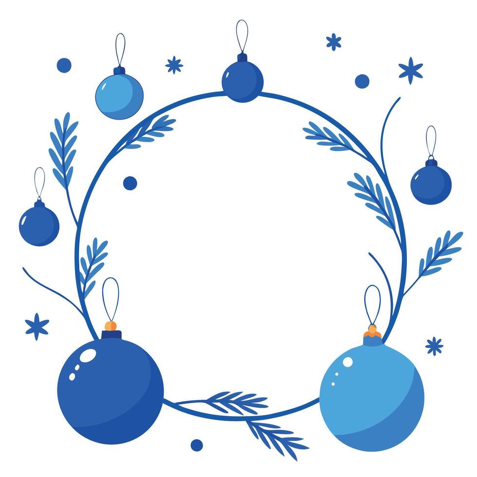 Blue christmas frame. Blue Xmas border with branches. blue baubles and empty space. vector