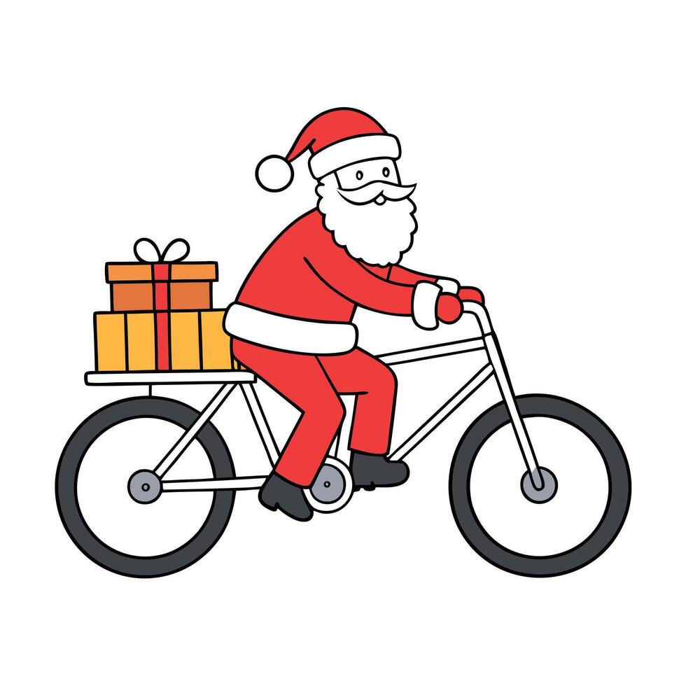 Santa Claus riding a bike down the street. delivering presents for Christmas. vector