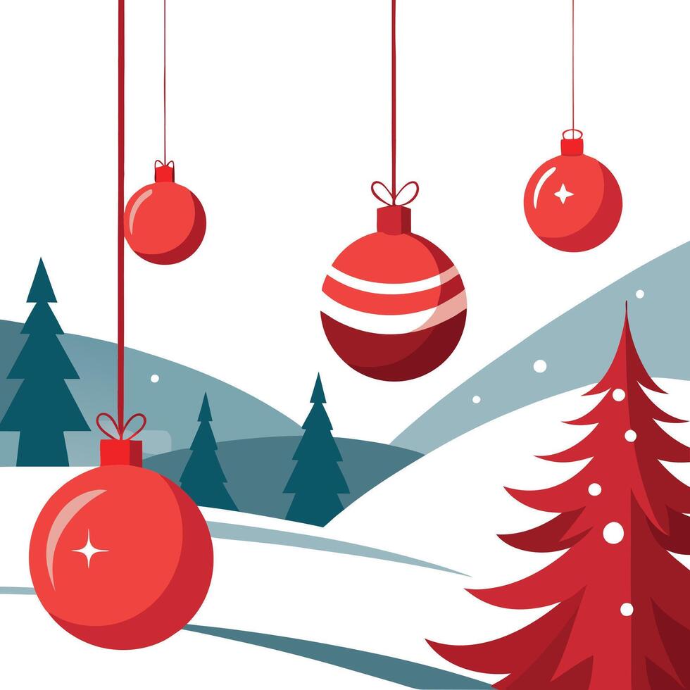 Festive red christmas baubles hanging from a tree with a snowy winter landscape background vector