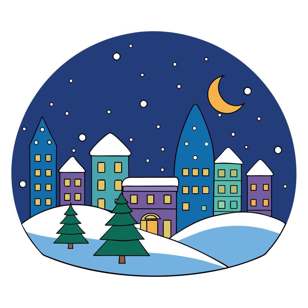 Winter night city background with snow and christmas trees vector