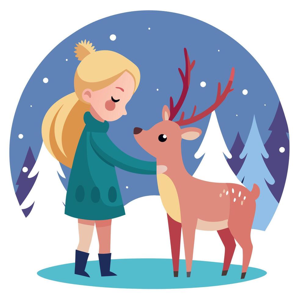 Image of side view of cute adorable little blond girl pampering reindeer in winter forest at sunset vector