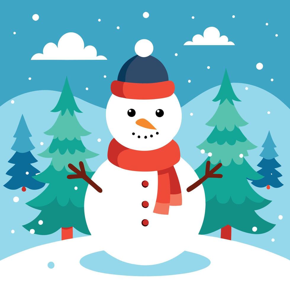 Merry christmas and happy new year greeting card background. Happy snowman in christmas landscape. vector