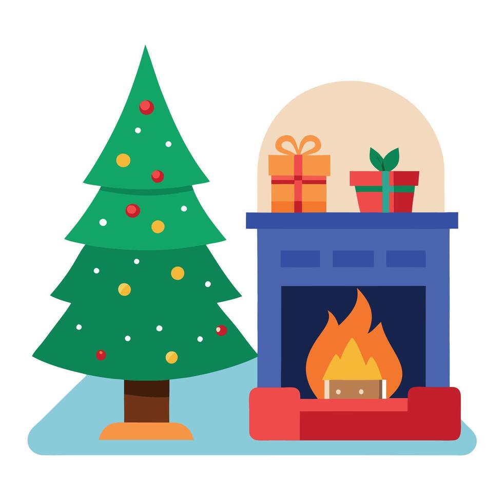 Living room with christmas tree and fire place in the fireplace. vector