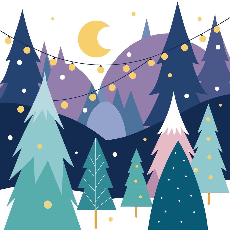 Abstract christmas fairy lights with magical forest in background vector